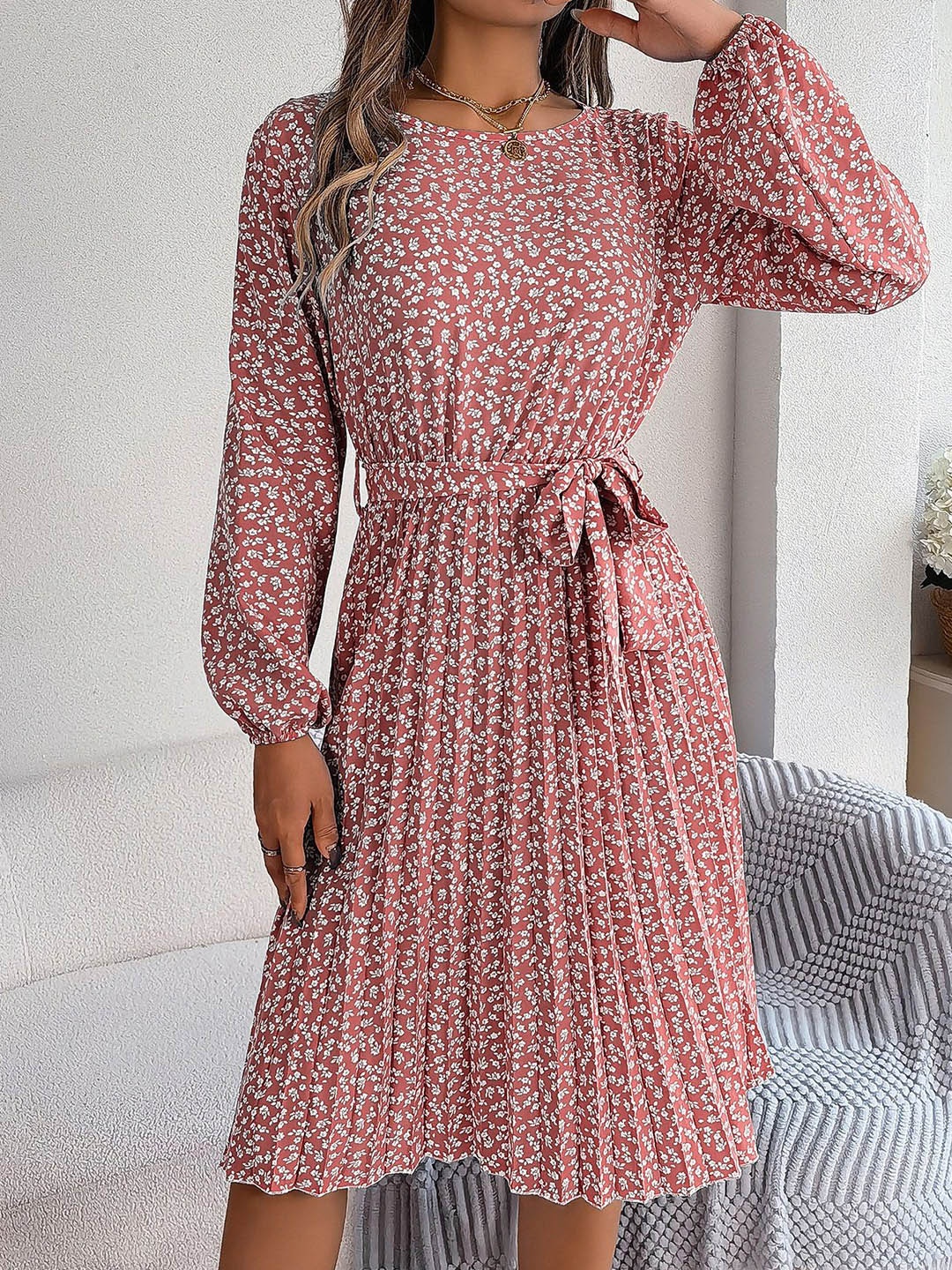 

HERE&NOW Floral Printed Puff Sleeve A-Line Dress, Pink