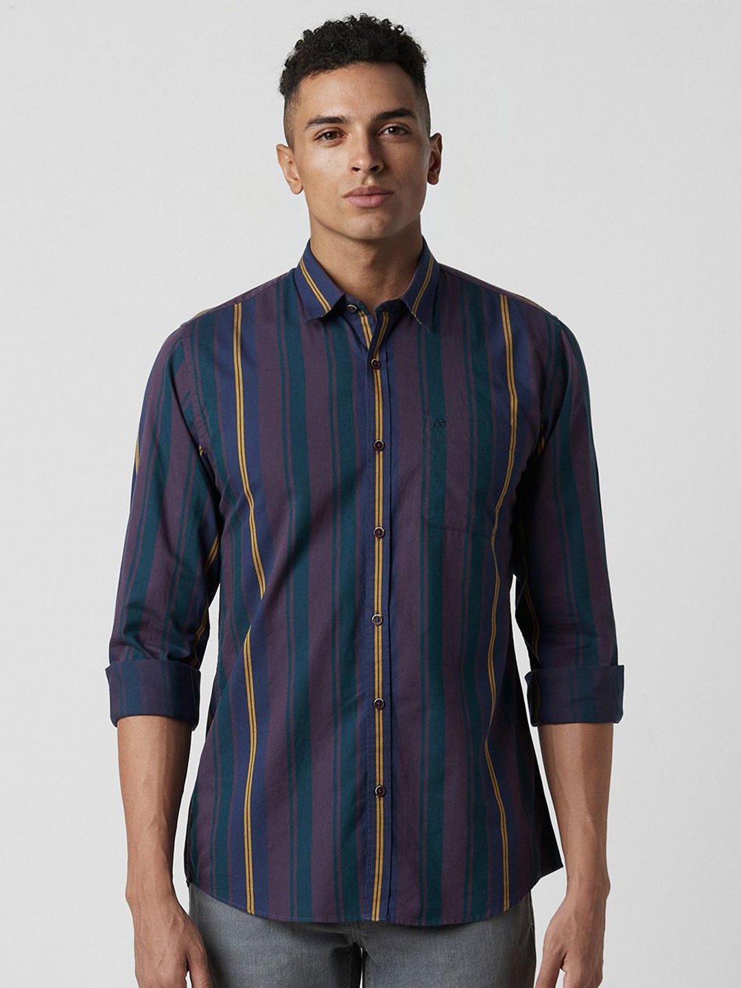 

Peter England Casuals Men Spread Collar Vertical Striped Cotton Slim Fit Casual Shirt, Purple