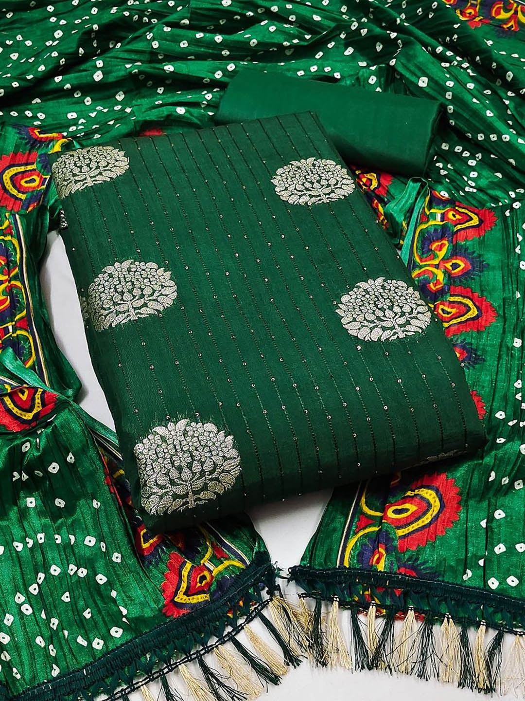 

Aika Ethnic Motifs Embroidered Sequinned Pure Silk Unstitched Dress Material, Green