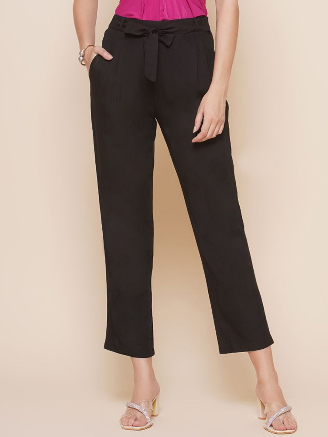 

BAESD Women Solid Relaxed High-Rise Regular Fit Trouser Comes With A Belt, Black