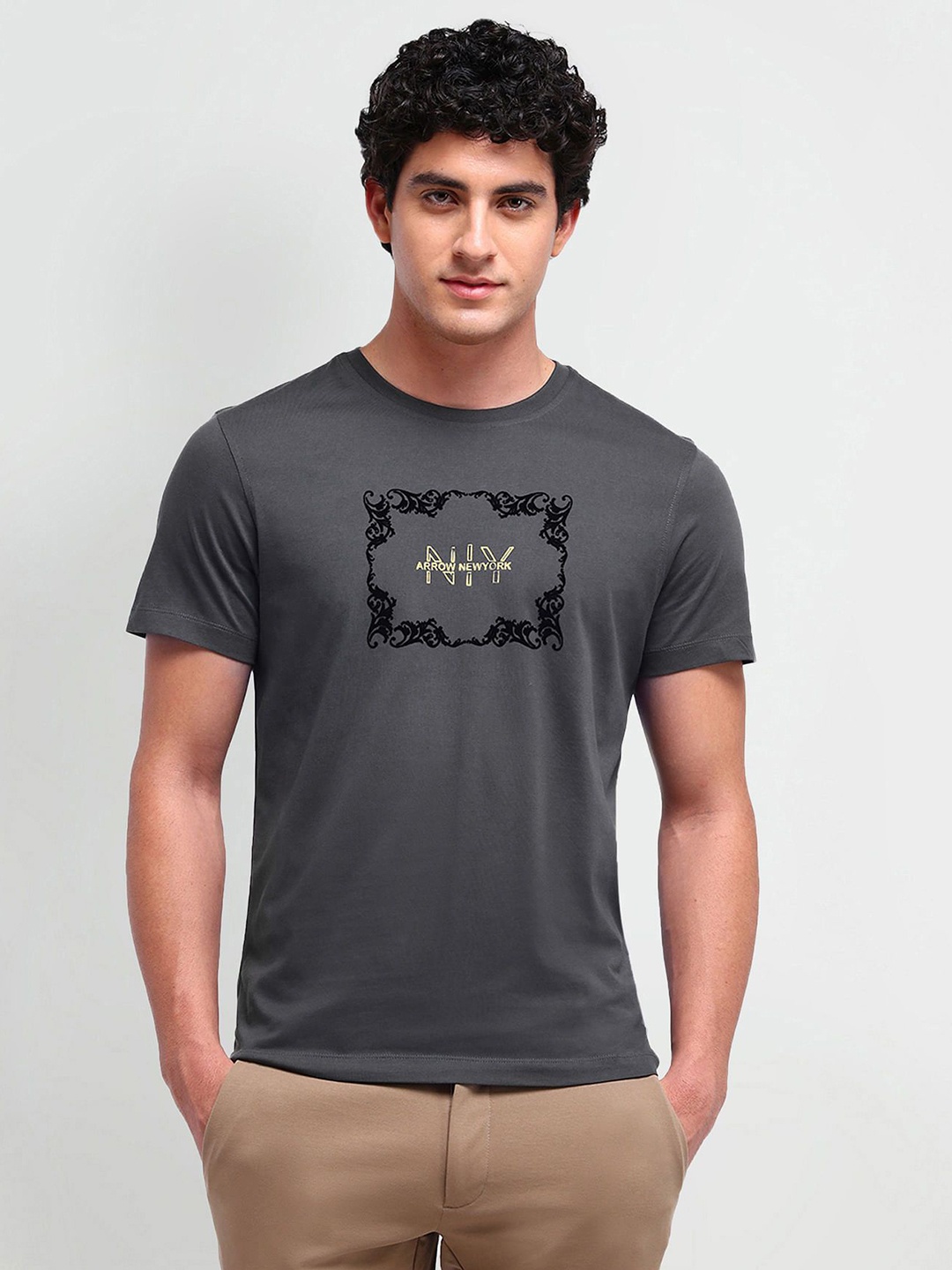 

Arrow New York Men Graphic Printed Round Neck Cotton T-shirt, Charcoal