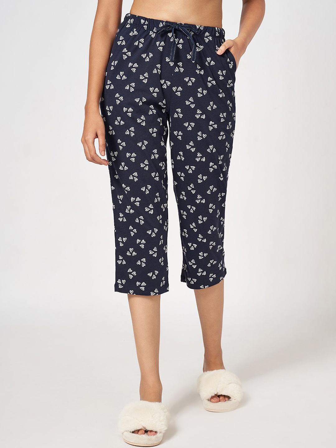 

Dreamz by Pantaloons Women Printed Pure Cotton Lounge Pants, Navy blue