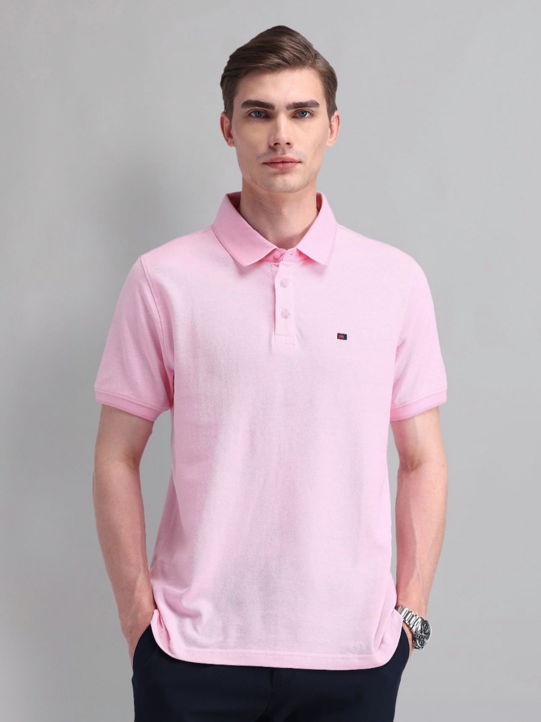 

AD By Arvind Men Solid Polo Collar Cotton Slim Fit T-shirt, Pink