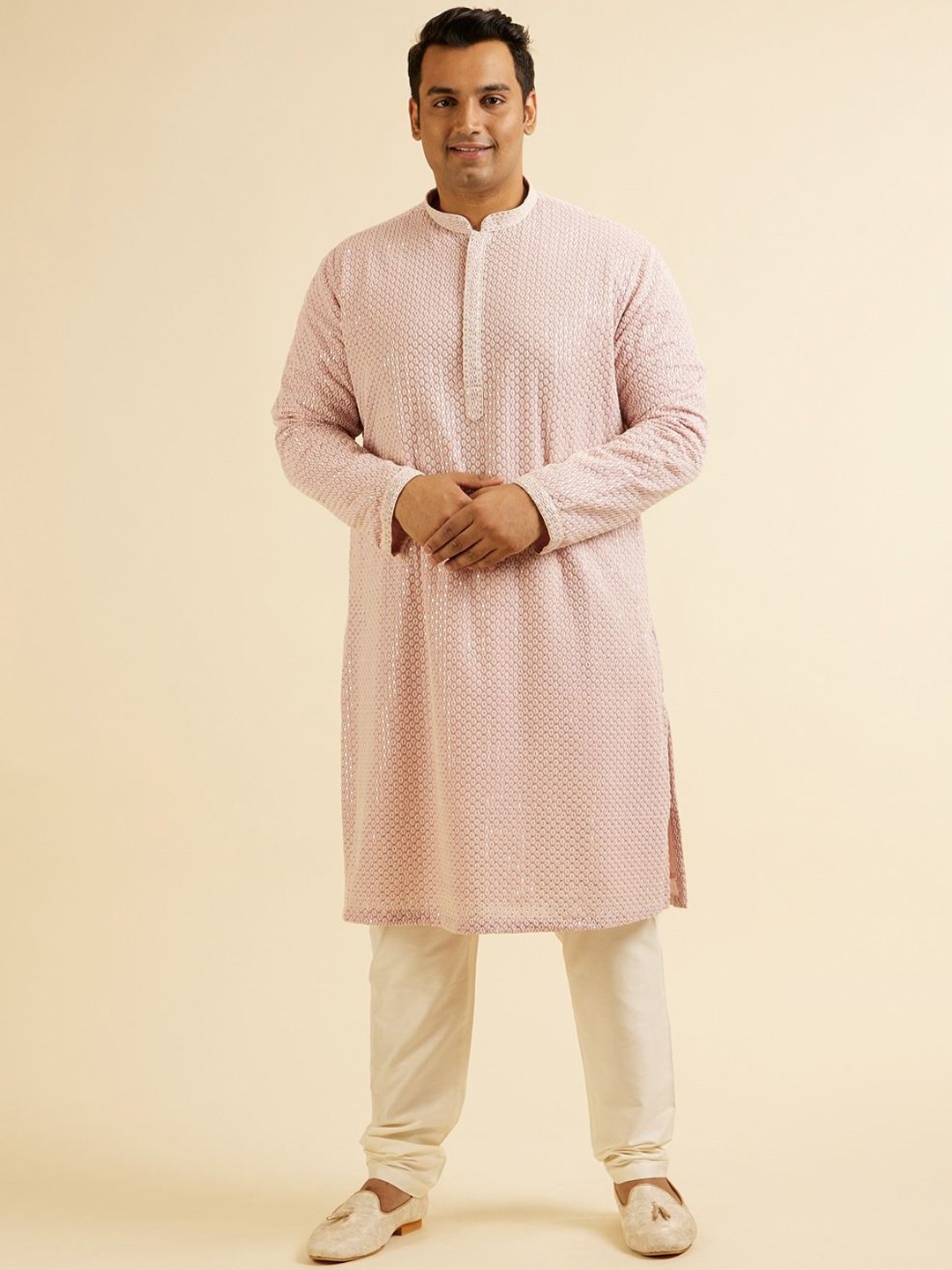 

Manyavar Plus Size Geometric Embroidered Sequinned Georgette Straight Kurta With Pyjama, Purple