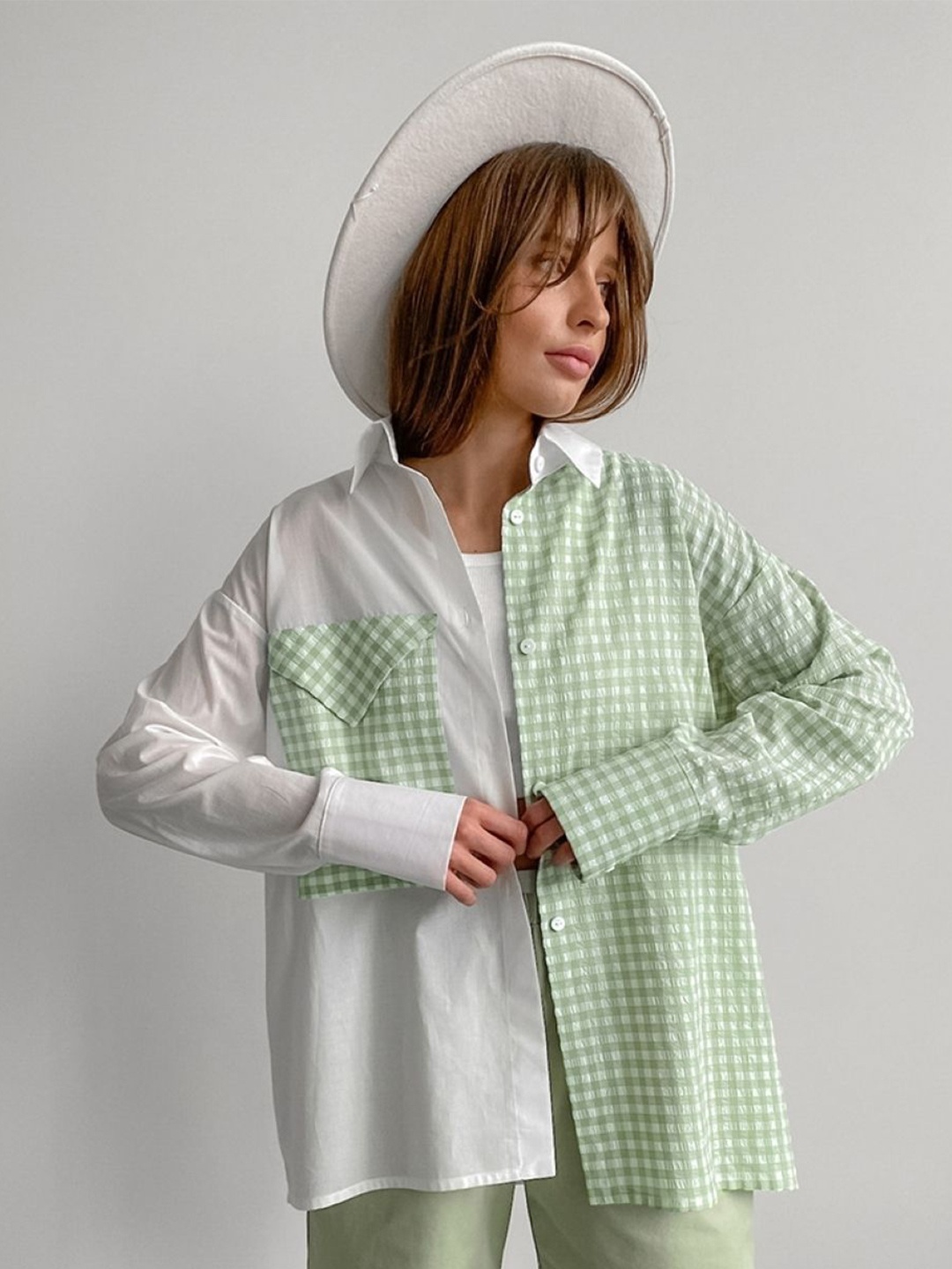 

KPOP Women Colourblocked Shirt Collar Top, Green