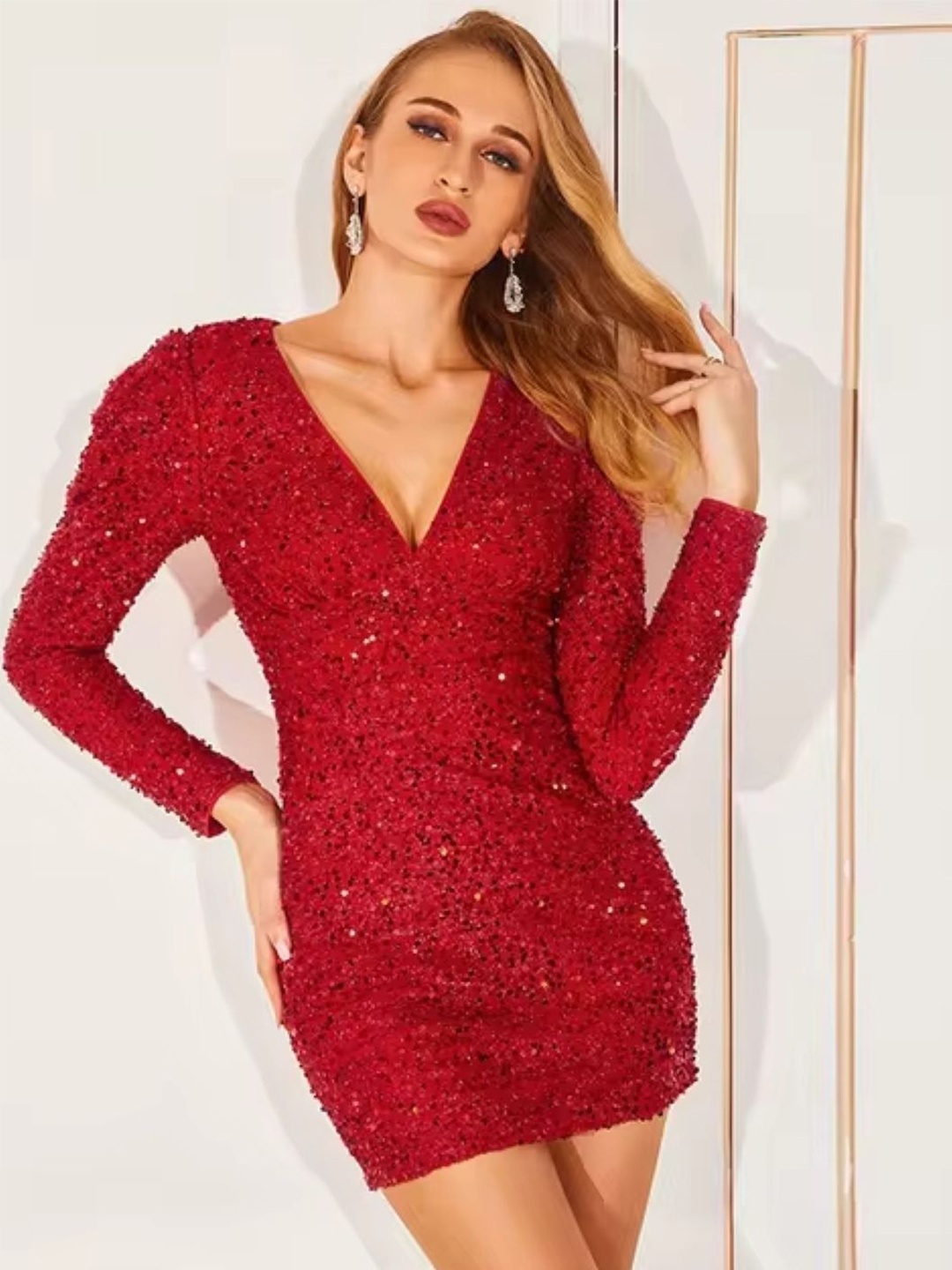 

KPOP Puff Sleeve Sequinned Bodycon Mini Dress, Red