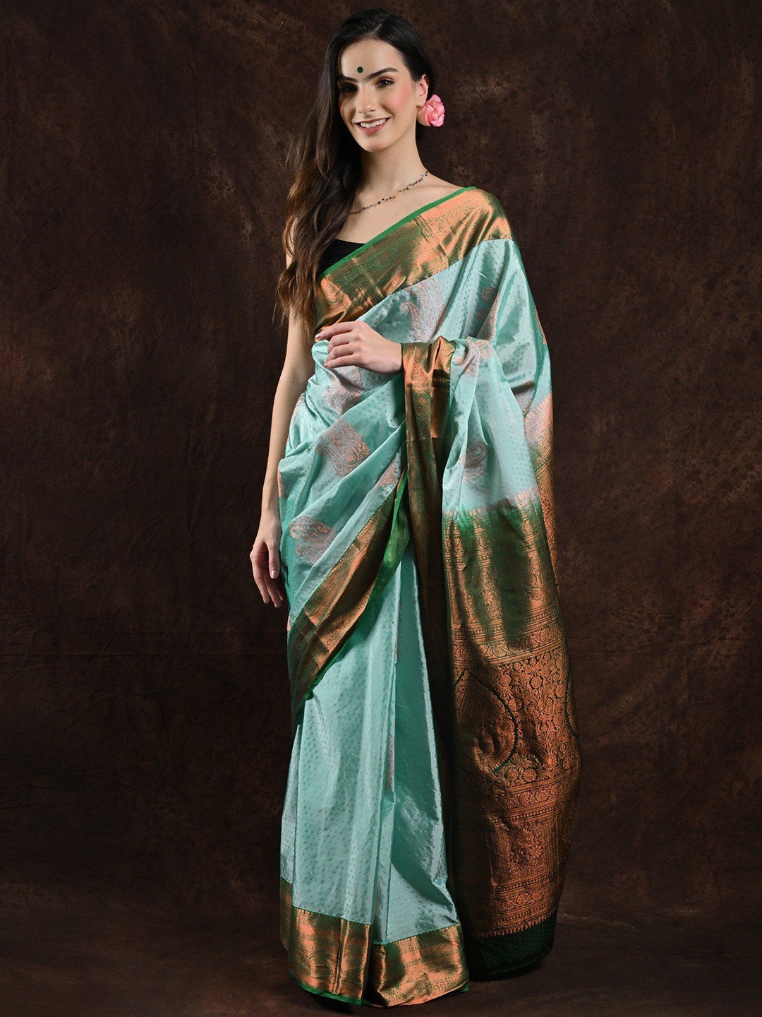 

Exotic India Woven Design Zari Pure Silk Kanjeevaram Saree, Green