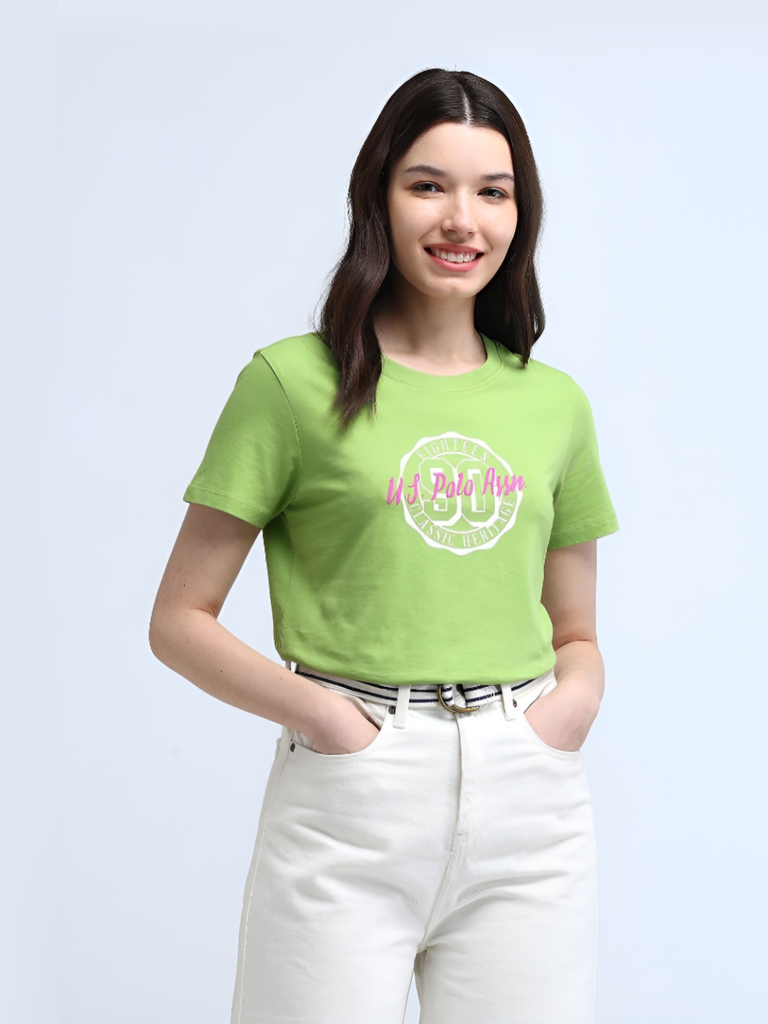 

U.S. Polo Assn. Women Brand Logo Printed Round Neck Pure Cotton T-shirt, Green