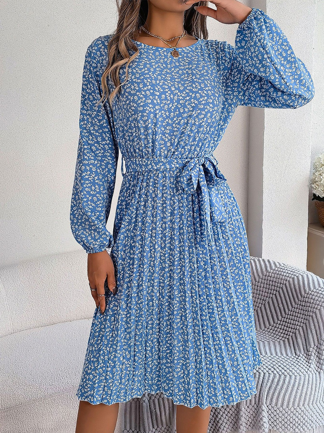 

HERE&NOW polyester Boat Neck Puff Sleeves Belted Floral Print Fit & Flare Midi Dress, Blue