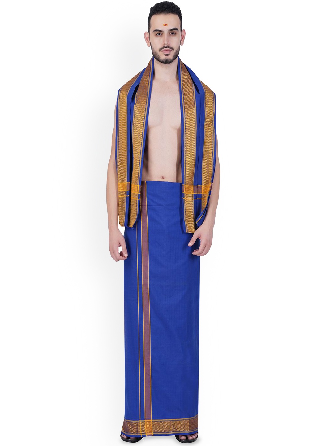 

ETHAZH Free Size Men's Cotton Dhoti and Angavastram/Towel Set, Blue