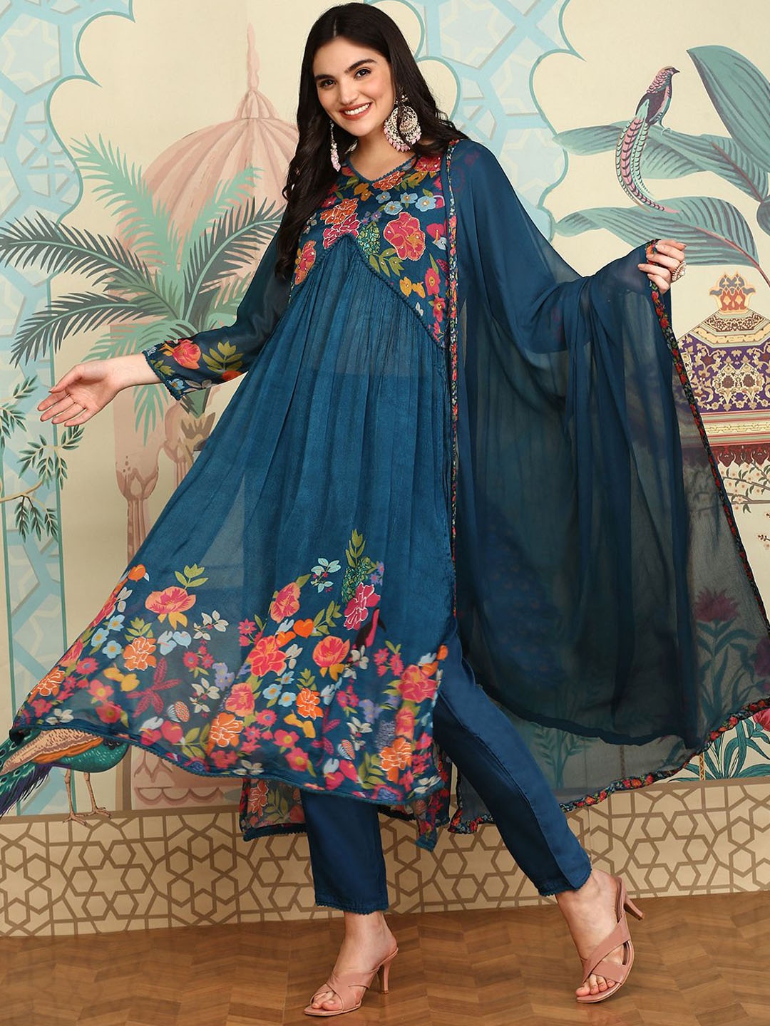 

Ishin Floral Embroidered Empire Mirror Work A-Line Kurta with Trousers & Dupatta, Teal