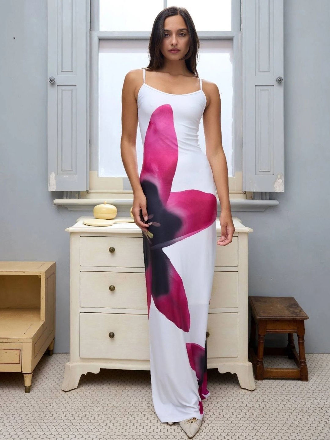 

KPOP Women Floral Print Bodycon Maxi Dress, White