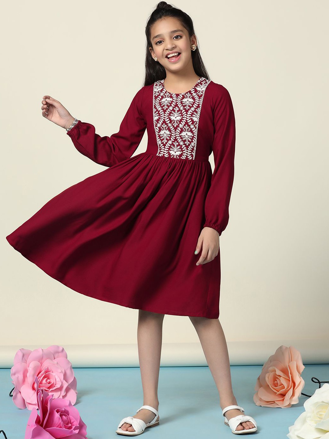 

BAESD Girls Ethnic Motifs Round Neck Long Puff Slevees Fit & Flare Knee Length Dress, Maroon