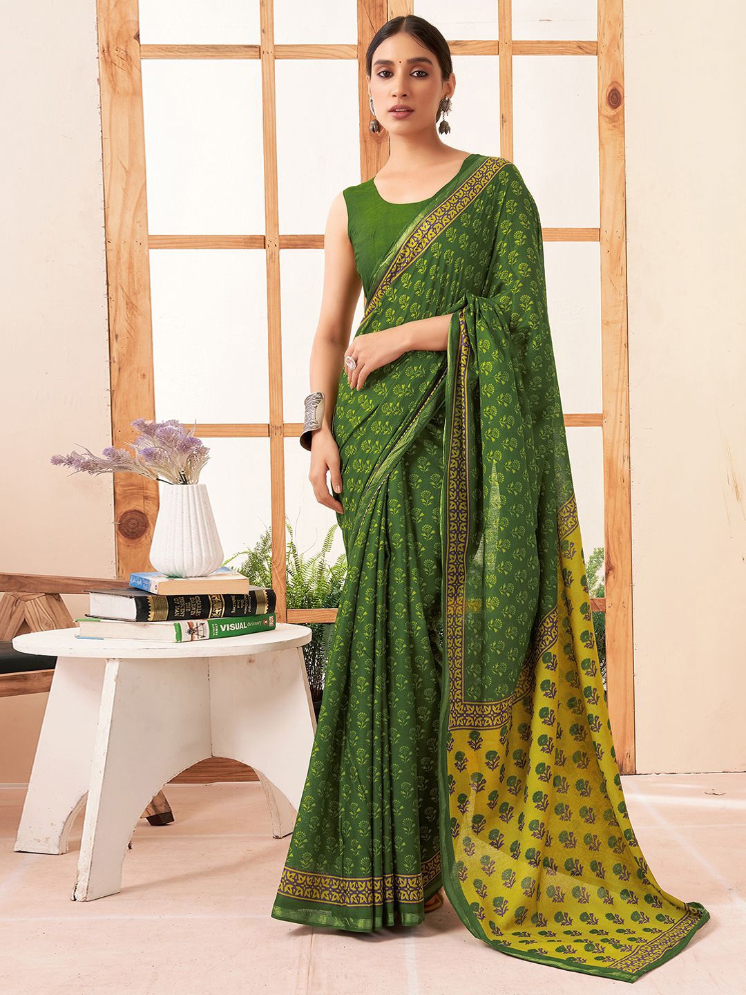 

Mitera Floral Zari Pure Cotton Dabu Saree, Green