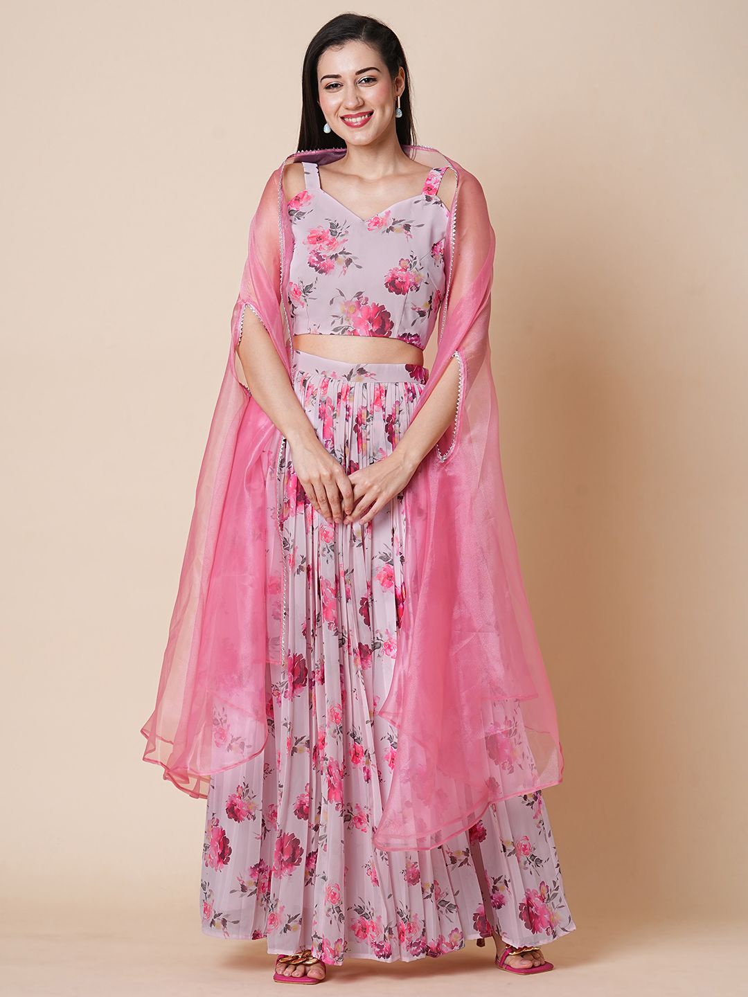 

BAPS Printed V-Neck Ready to Wear Lehenga & Blouse with Shrug, Pink