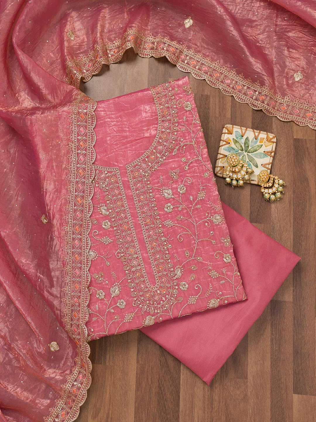 

Koskii Floral Embroidered Zari Unstitched Dress Material, Pink