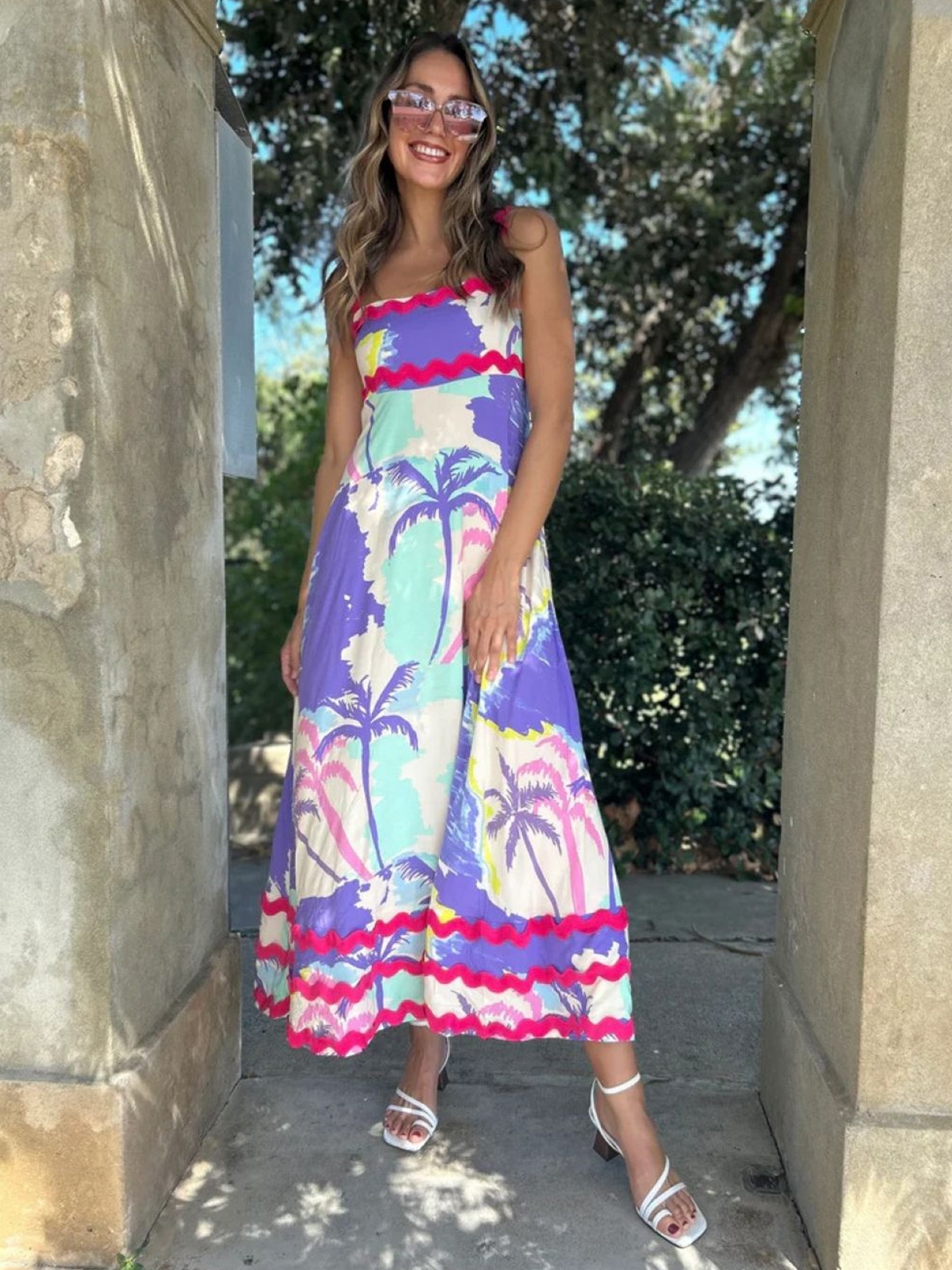 

KPOP Tropical Printed Shoulder Straps Maxi Dress, Purple