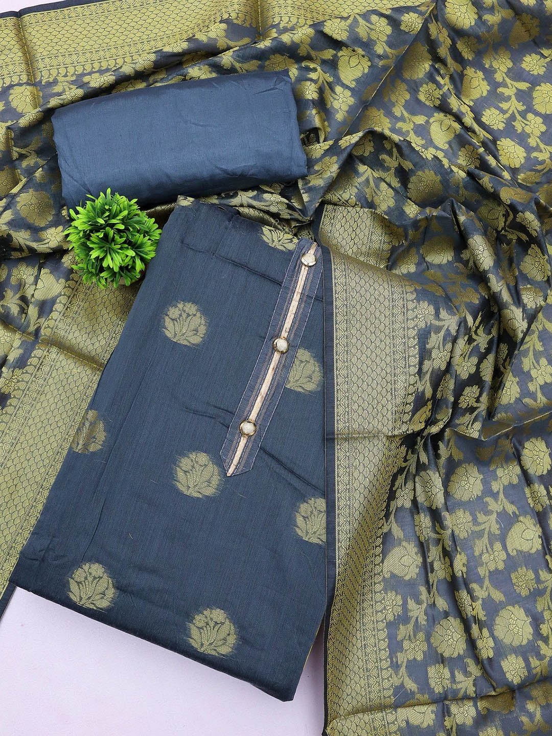 

LADY SHOPI Floral Woven Design Pure Silk Unstitched Dress Material, Grey