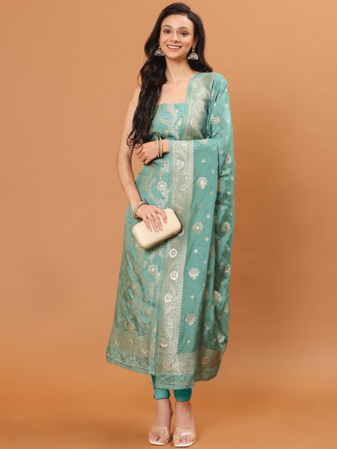 

Meena Bazaar Ethnic Motifs Woven Design Unstitched Dress Material, Blue