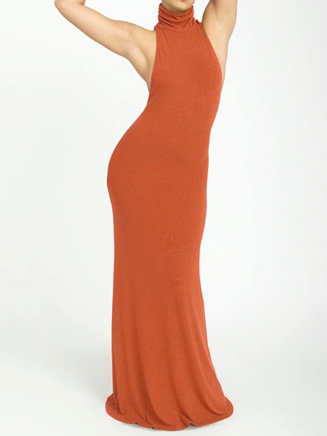 

KPOP High Neck Solid Bodycon Maxi Dress, Brown