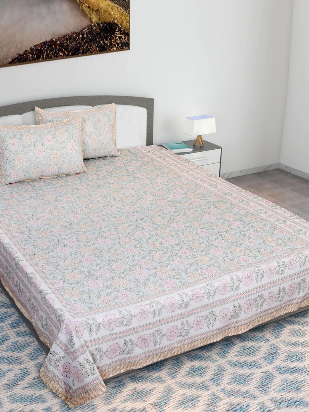 

Texstylers Blue & Pink Kantha Printed 210 TC Cotton Queen Bedsheet With 2 Pillow Covers