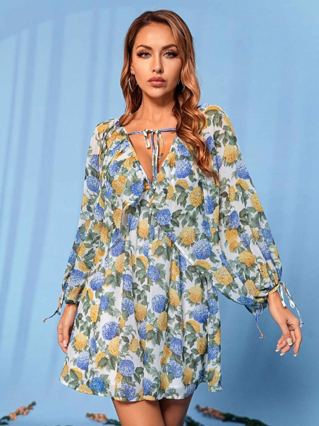 

KPOP Floral Print Puff Sleeve A-Line Dress, Blue