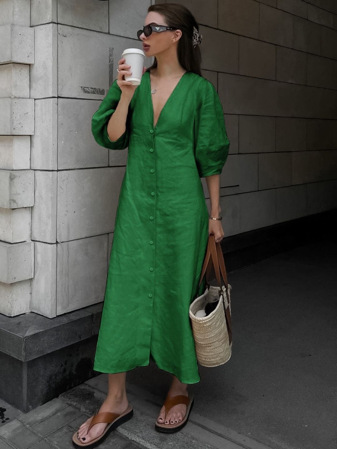 

KPOP Cotton Puff Sleeve A-Line Maxi Dress, Green