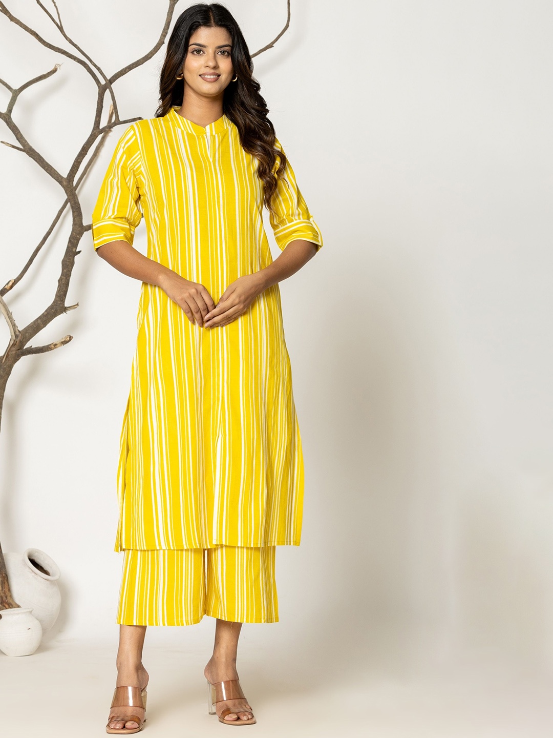 

JAIPURI BUNAAI Striped Mandarin Collar Pure Cotton Kurta with Palazzo, Yellow