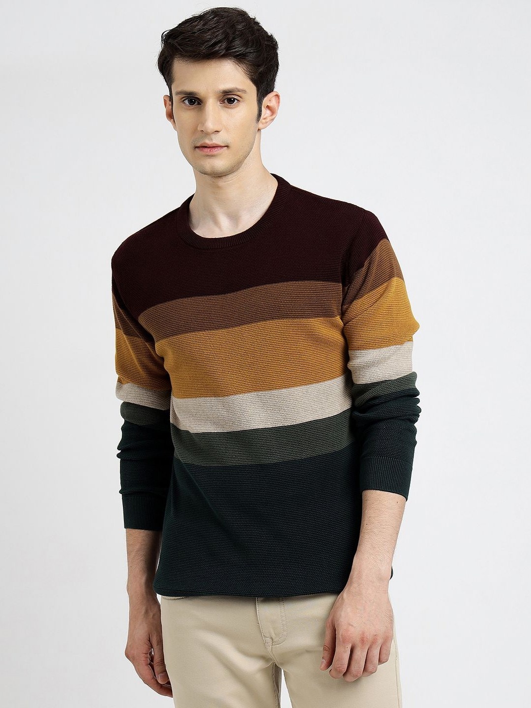 

JADE BLUE Men Striped Round Neck Pure Cotton Slim Fit T-shirt, Multi