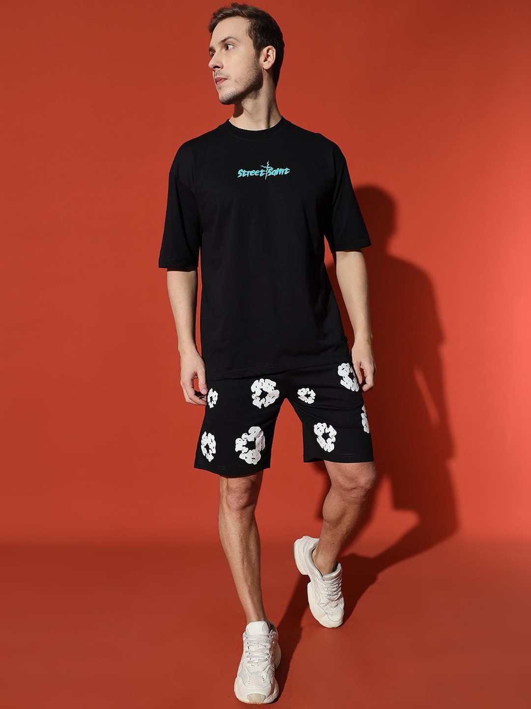 

GRIFFEL Printed Cotton T-Shirt & Shorts Co-Ords, Black