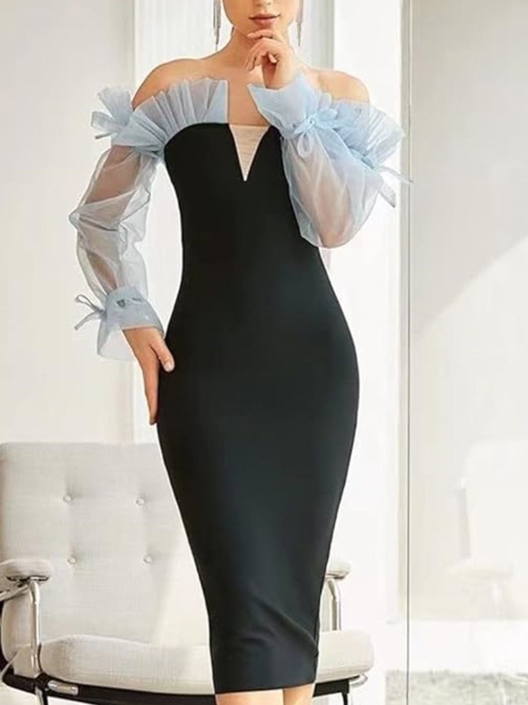 

KPOP Women Off Shoulder Puff Sleeve Bodycon Midi Dress, Black