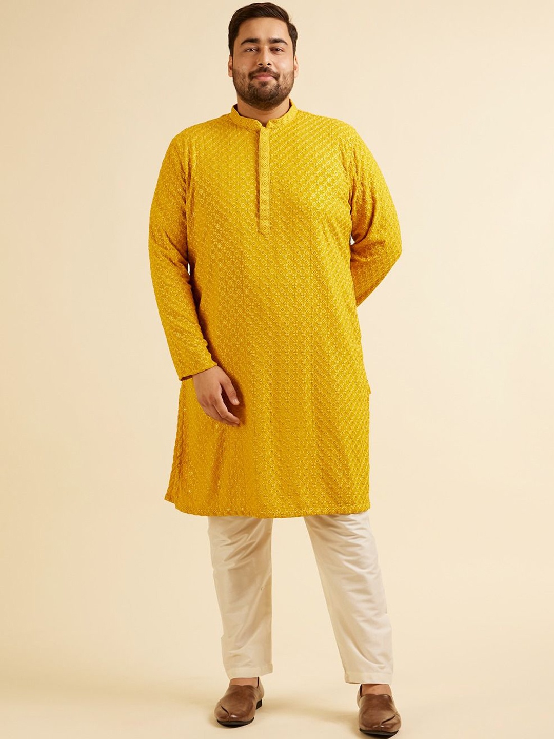 

Manyavar Plus Size Floral Embroidered Mandarin Collar Regular Chikankari Kurta With Pyjama, Mustard