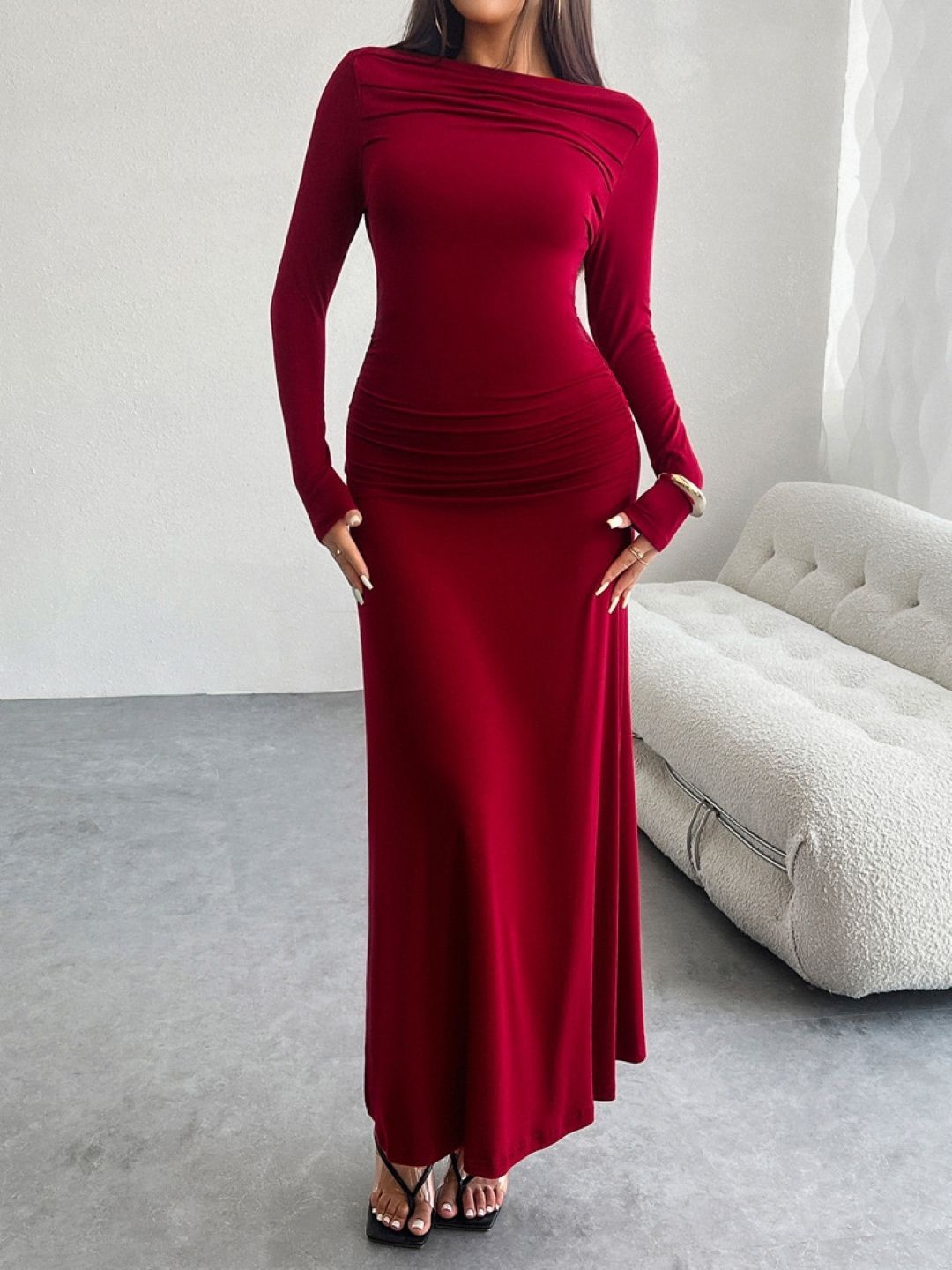 

KPOP Women Boat Neck Solid Long Sleeves Bodycon Maxi Dress, Red