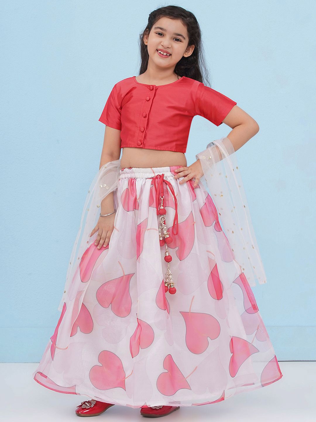 

Aj DEZInES Girls Printed Sequinned Ready to Wear Lehenga & Blouse With Dupatta, Red
