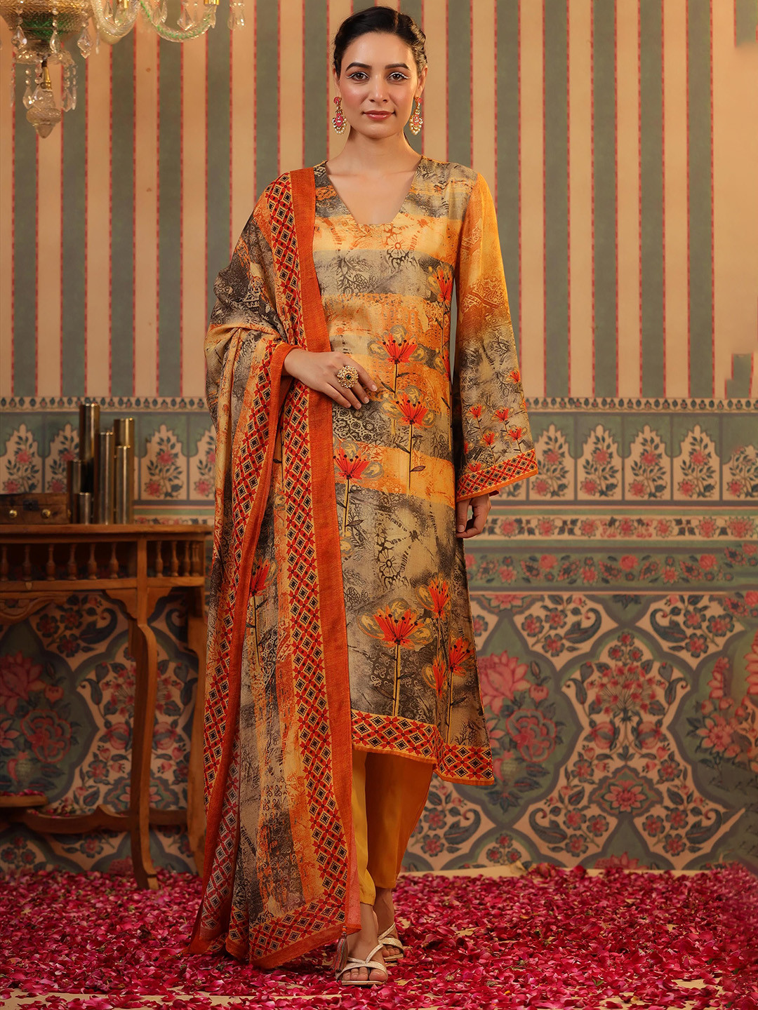 

SCAKHI Floral Printed Silk Crepe Straight Kurta With Trousers & Dupatta, Mustard