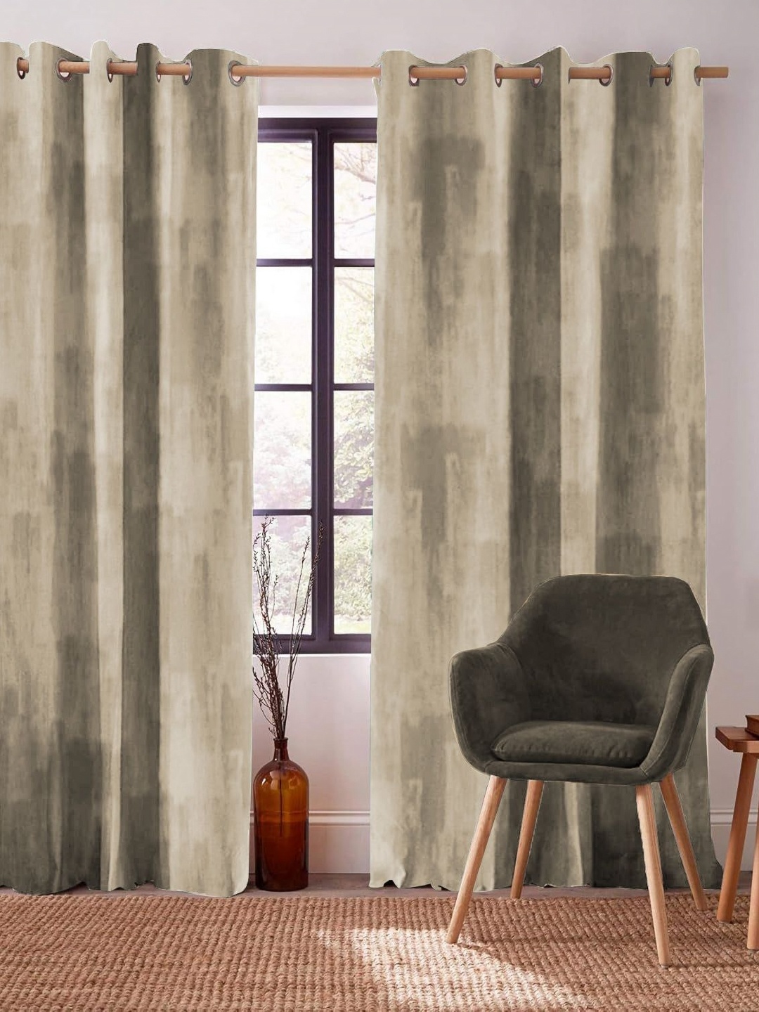 

CASABLEU Camel Brown 2 Pieces Abstract Printed Black Out Door Curtains