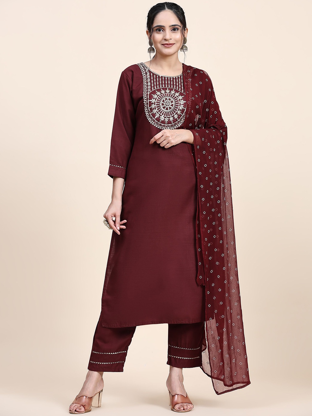 

Suha Ethnic Motifs Embroidered Straight Kurta with Trousers & With Dupatta, Maroon