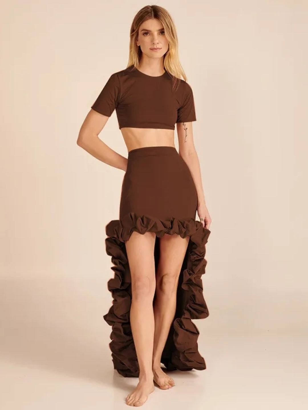 

KPOP Ruffled Top & Skirt Co-Ord Set, Brown