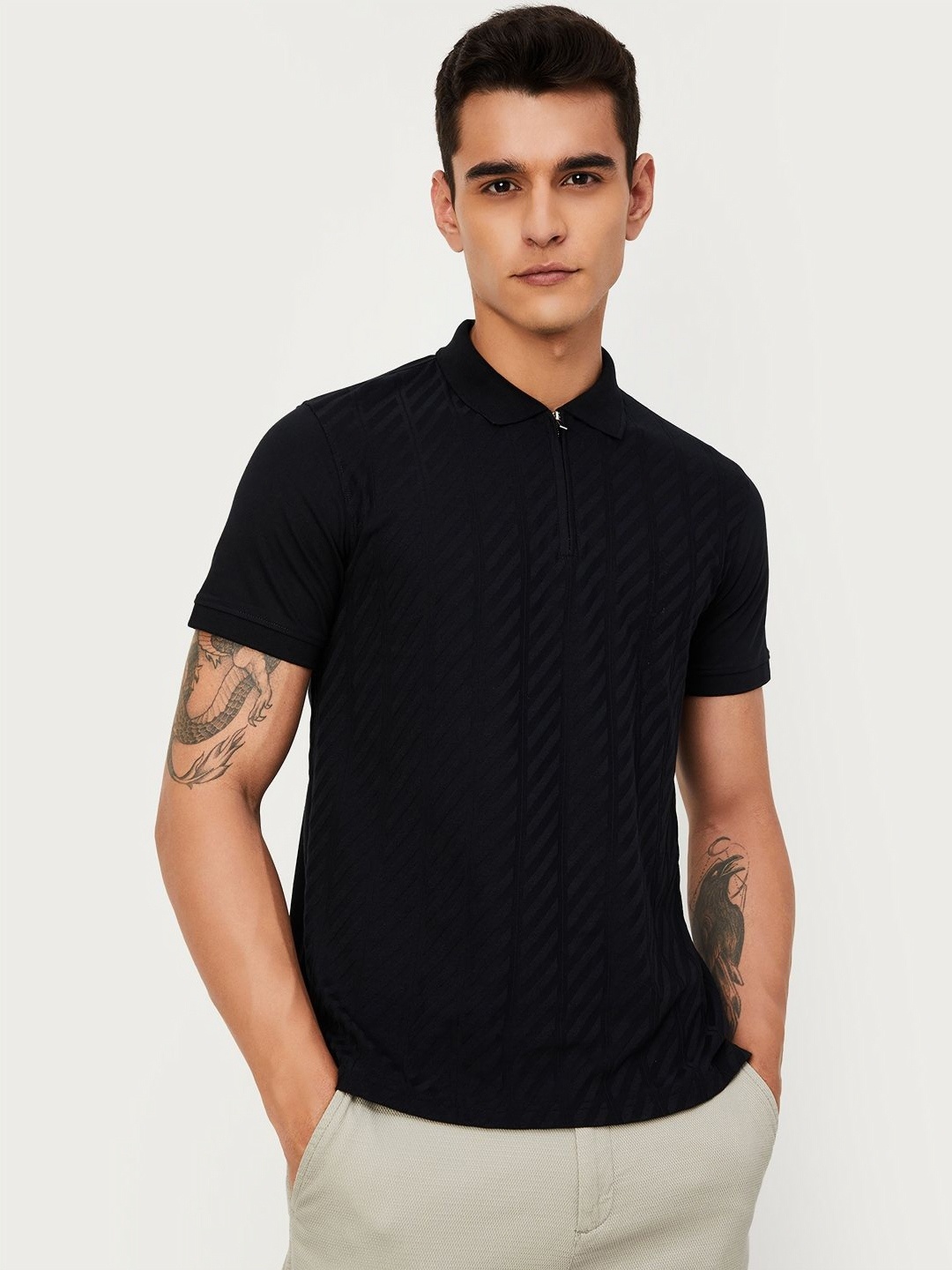 

max Men Self Design Polo Collar Cotton T-shirt, Black