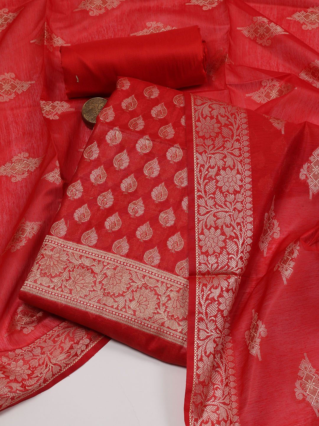 

Meena Bazaar Ethnic Motifs Woven Design Unstitched Dress Material, Red