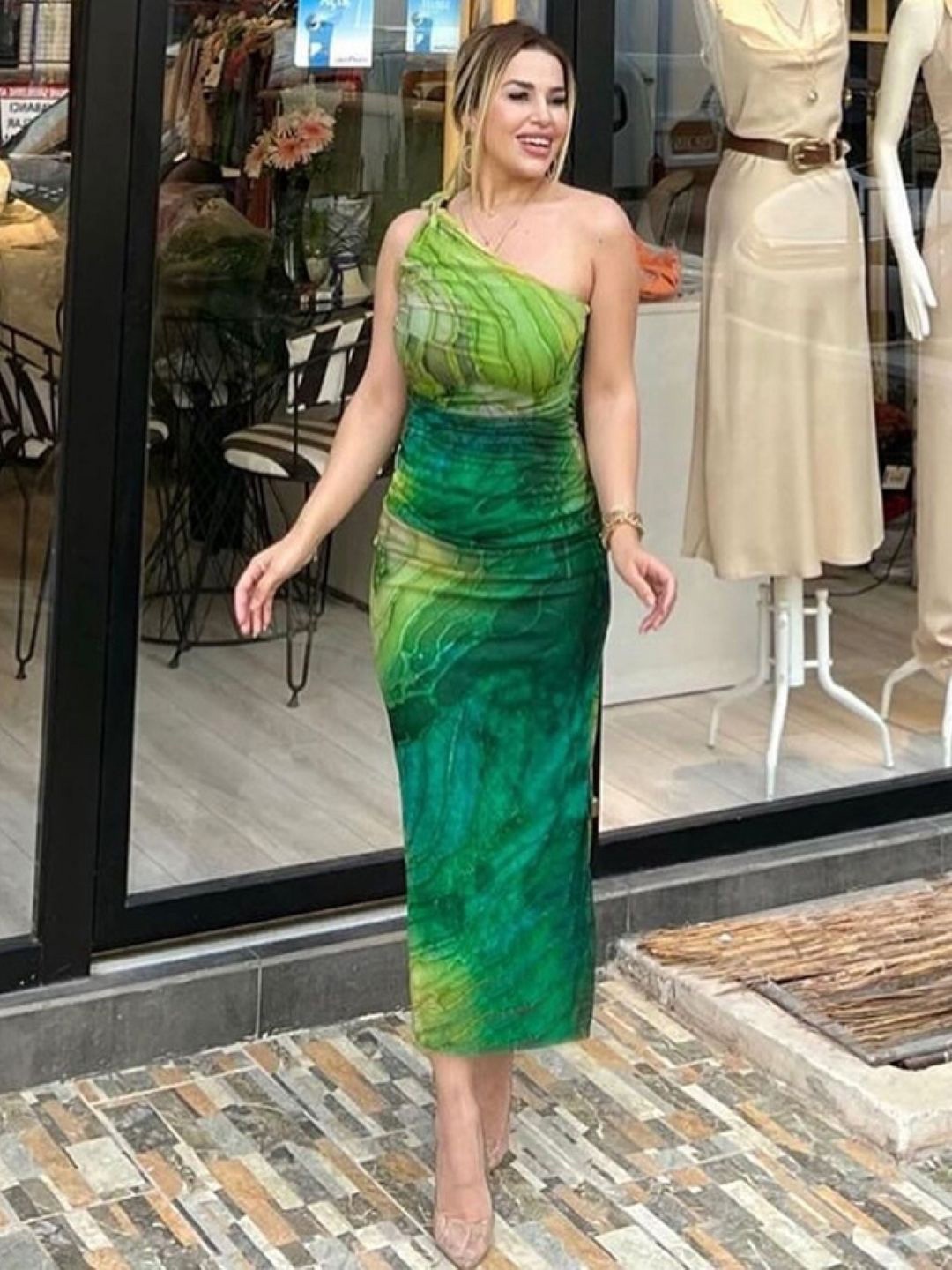 

KPOP Printed One Shoulder Abstract Sleeveless Polyester Bodycon Dress, Green