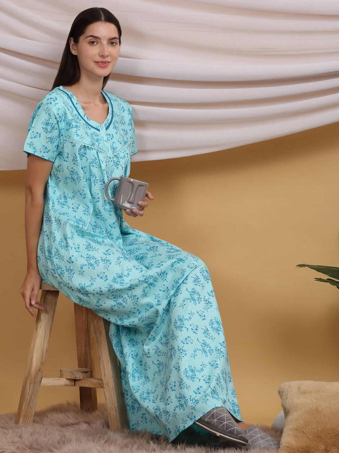 

Sweet Dreams Printed Short Sleeves Maxi Nightdress, Navy blue