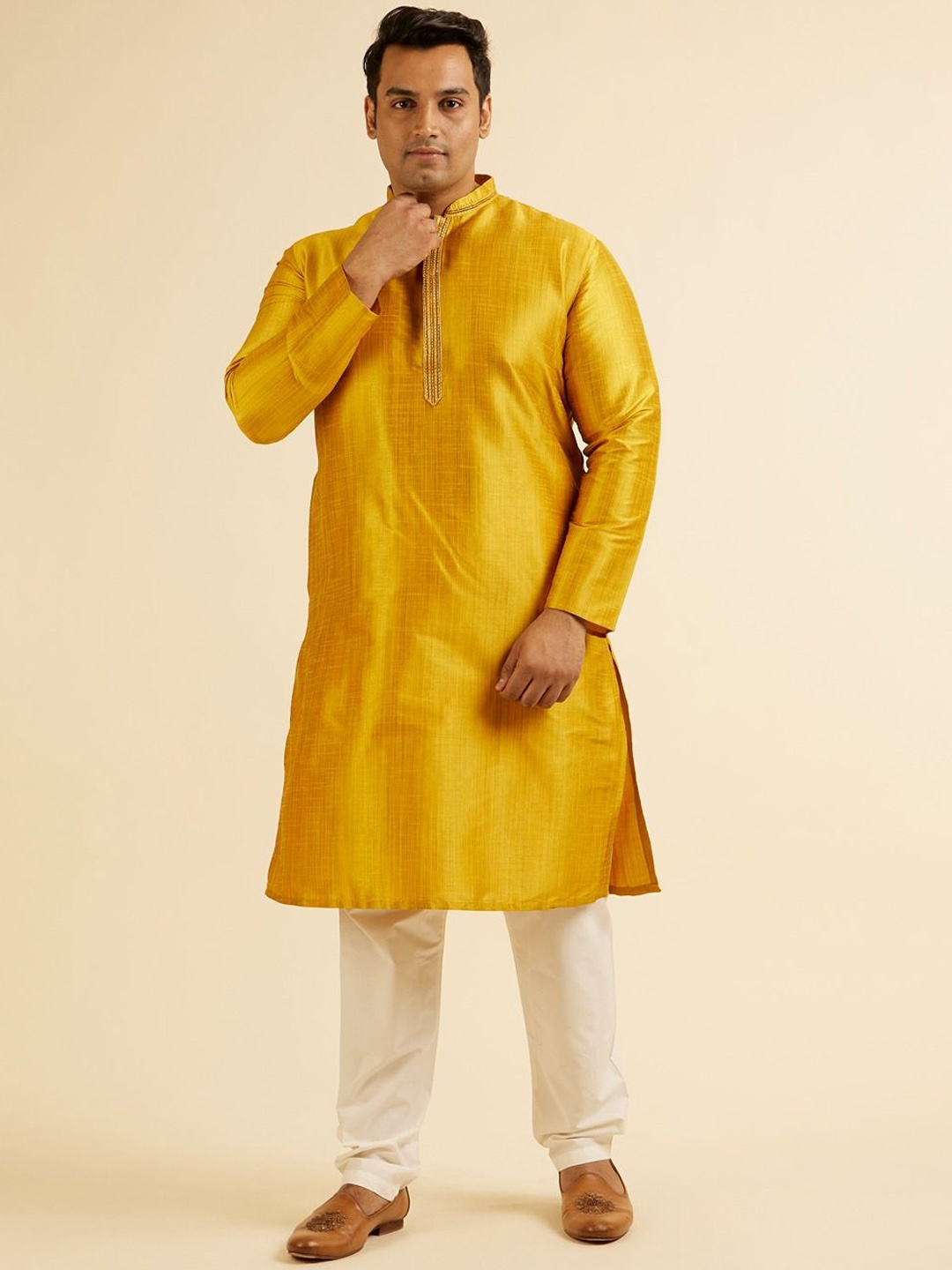 

Manyavar Plus Size Woven Design Mandarin Collar Straight Kurta With pyjamas, Mustard