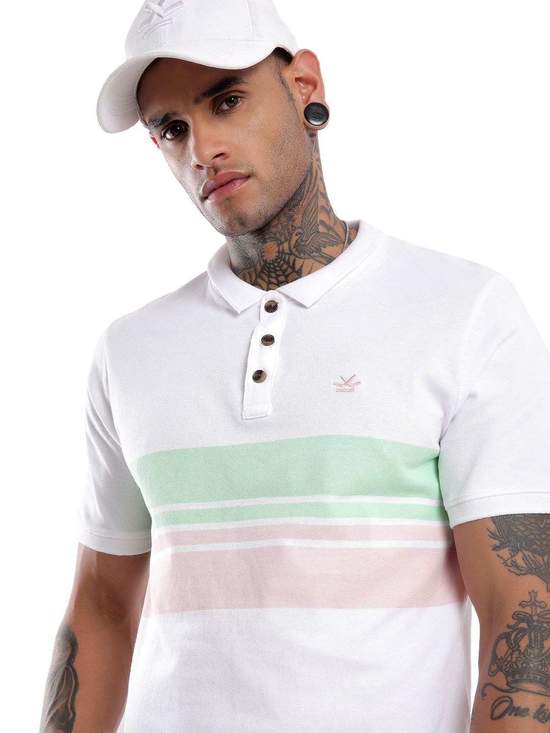 

WROGN Men Striped Polo Collar Pure Cotton Slim Fit T-shirt, White