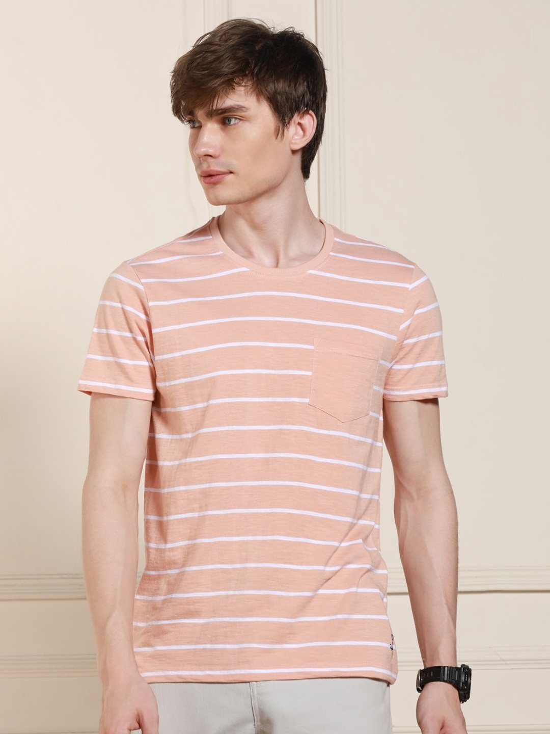 

Dennis Lingo Men Striped Round Neck Cotton T-shirt, Peach