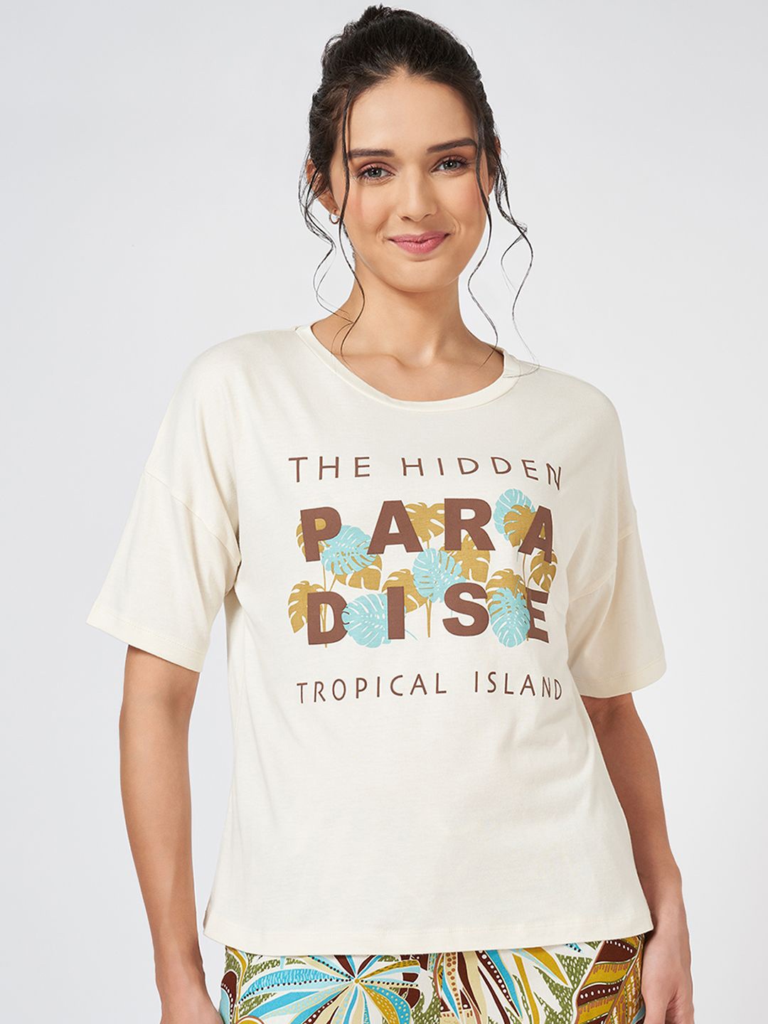 

Dreamz by Pantaloons Women Pure Cotton Lounge Tshirts, Cream