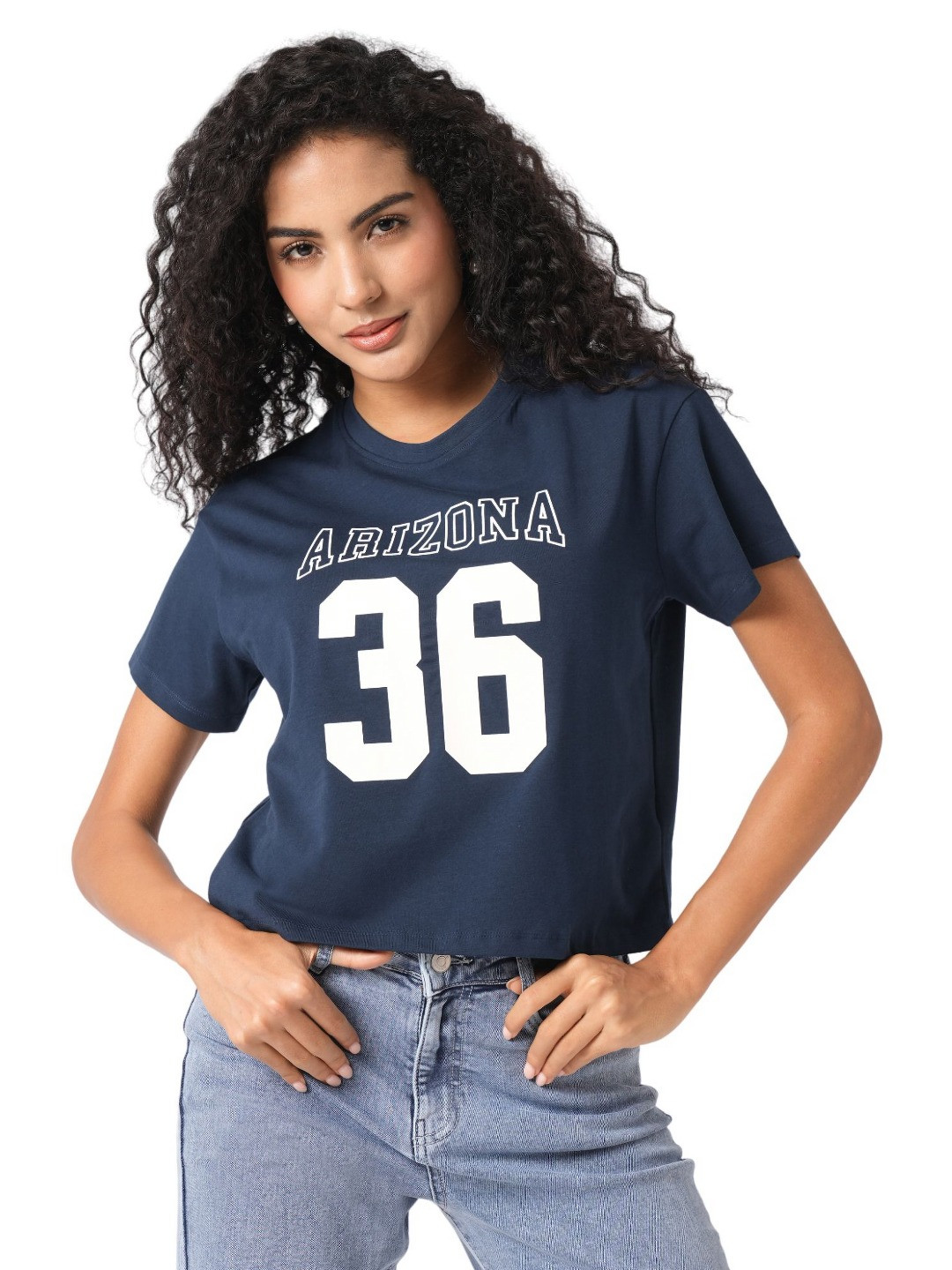 

Kraus Jeans Women Typography Printed Round Neck Cotton Slim Fit T-shirt, Navy blue