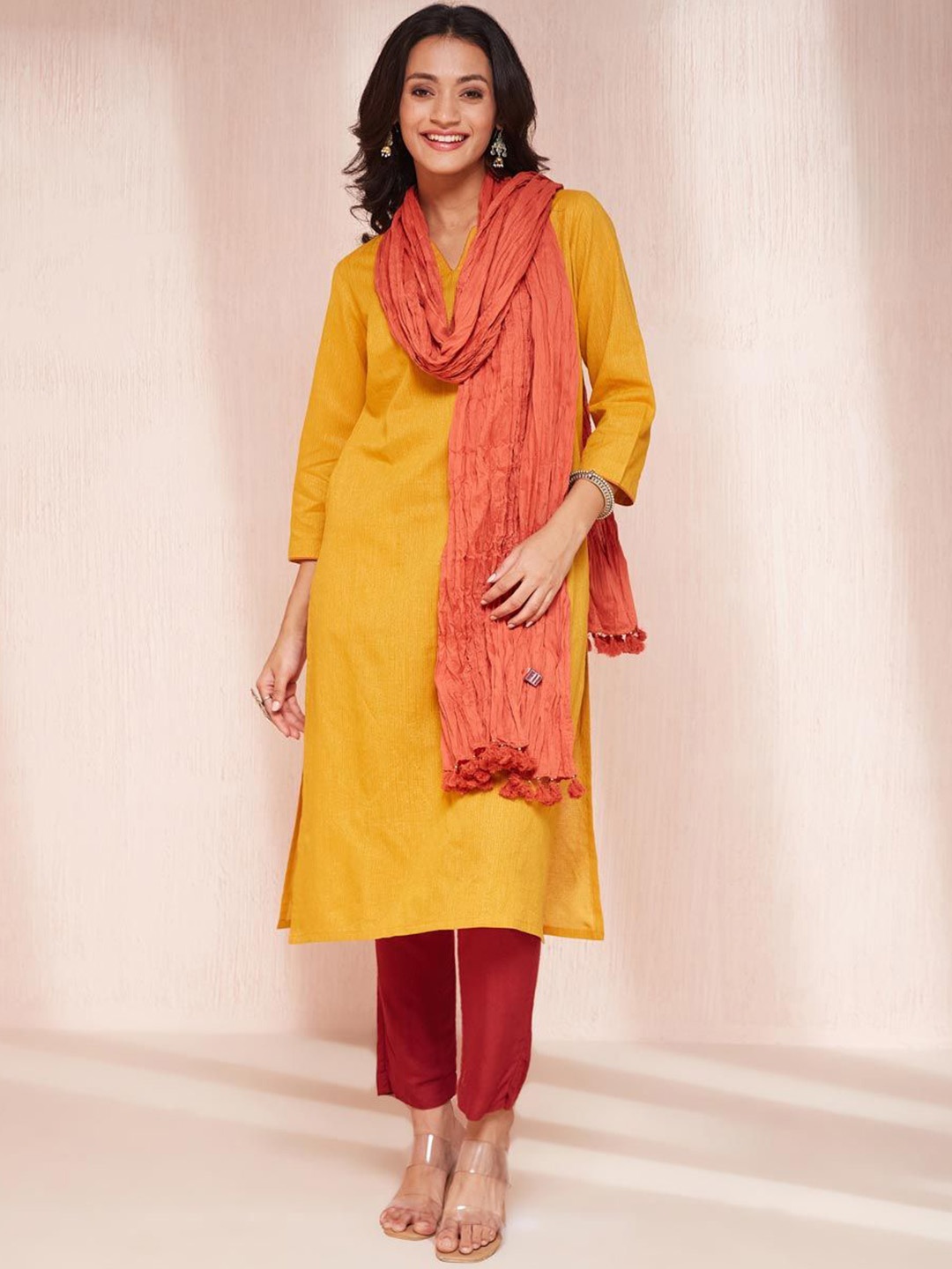 

Fabindia Striped Woven Design Notched Neck Straight Kurta With Dupatta, Mustard