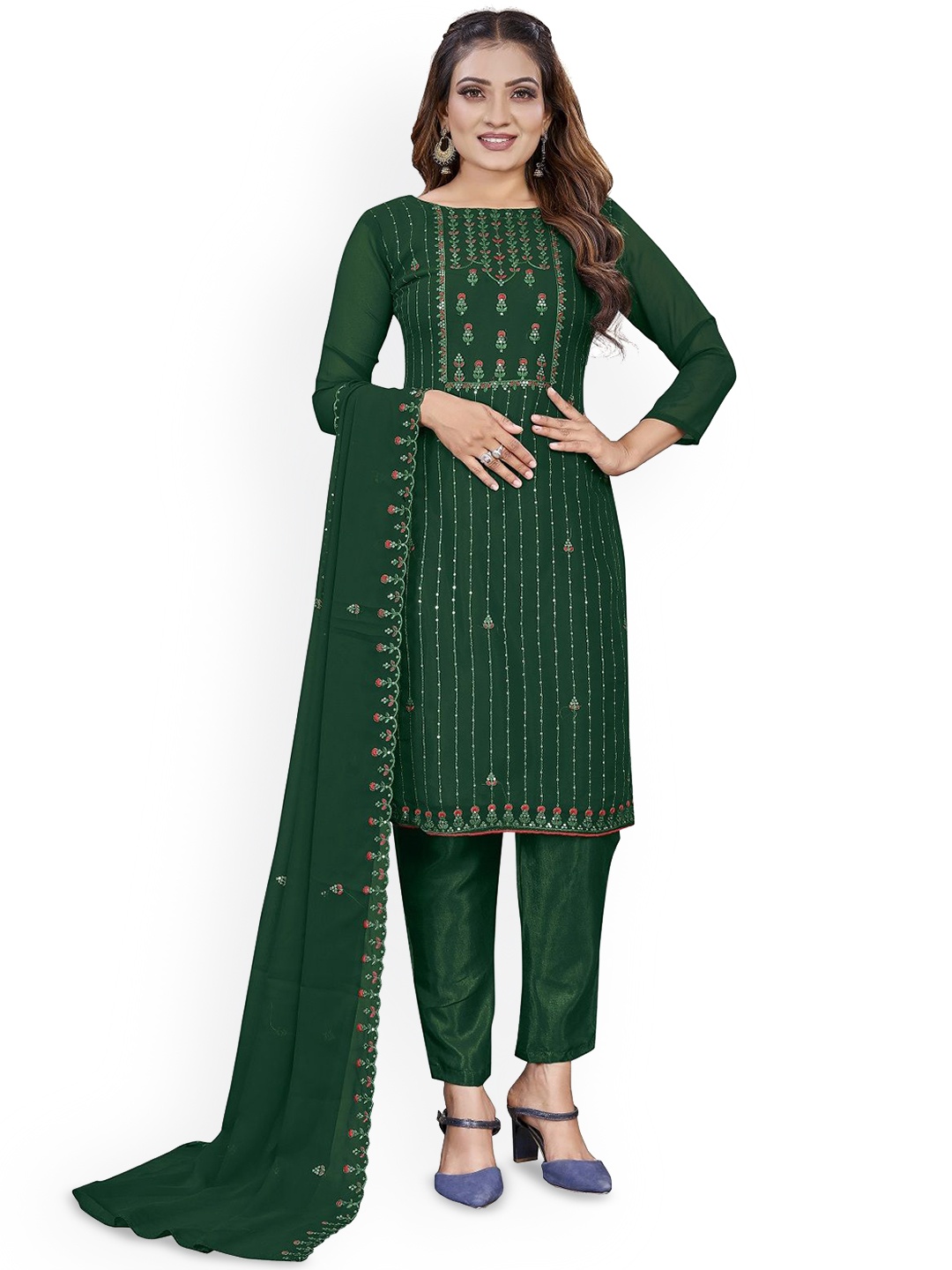 

JULEE Floral Embellished Sequinned Detail Silk Georgette Unstitched Dress Material, Green