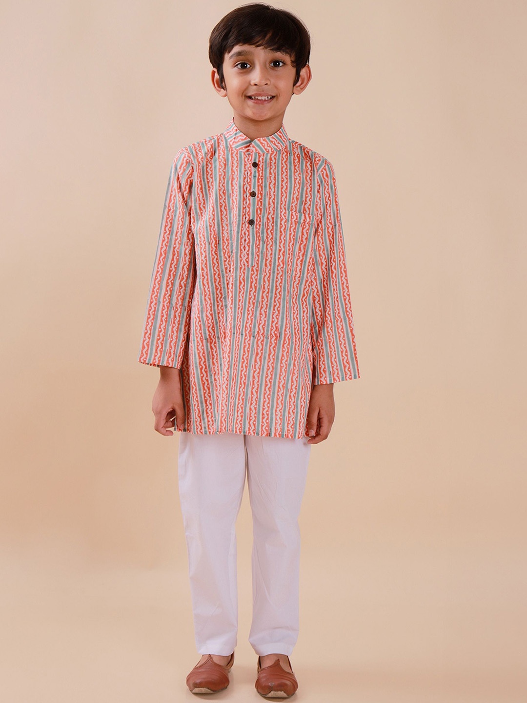 

Sangria Boys Striped Pure Cotton A-Line Kurta With Pyjama, Red